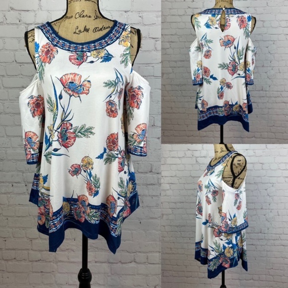 Flying Tomato Boho Floral Cold Shoulder Handkerchief Hem Top